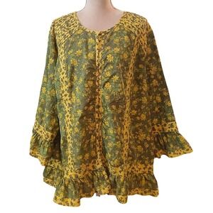 LOGO Lab by Lori Goldstein Womens 4X Green Yellow Floral Cotton Tunic Top Pocket